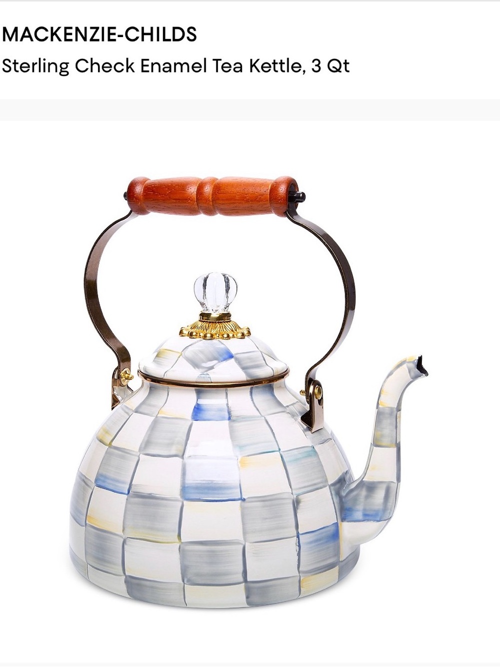 MacKenzie-Childs Sterling Check Enamel Tea Kettle in gray/blue, White